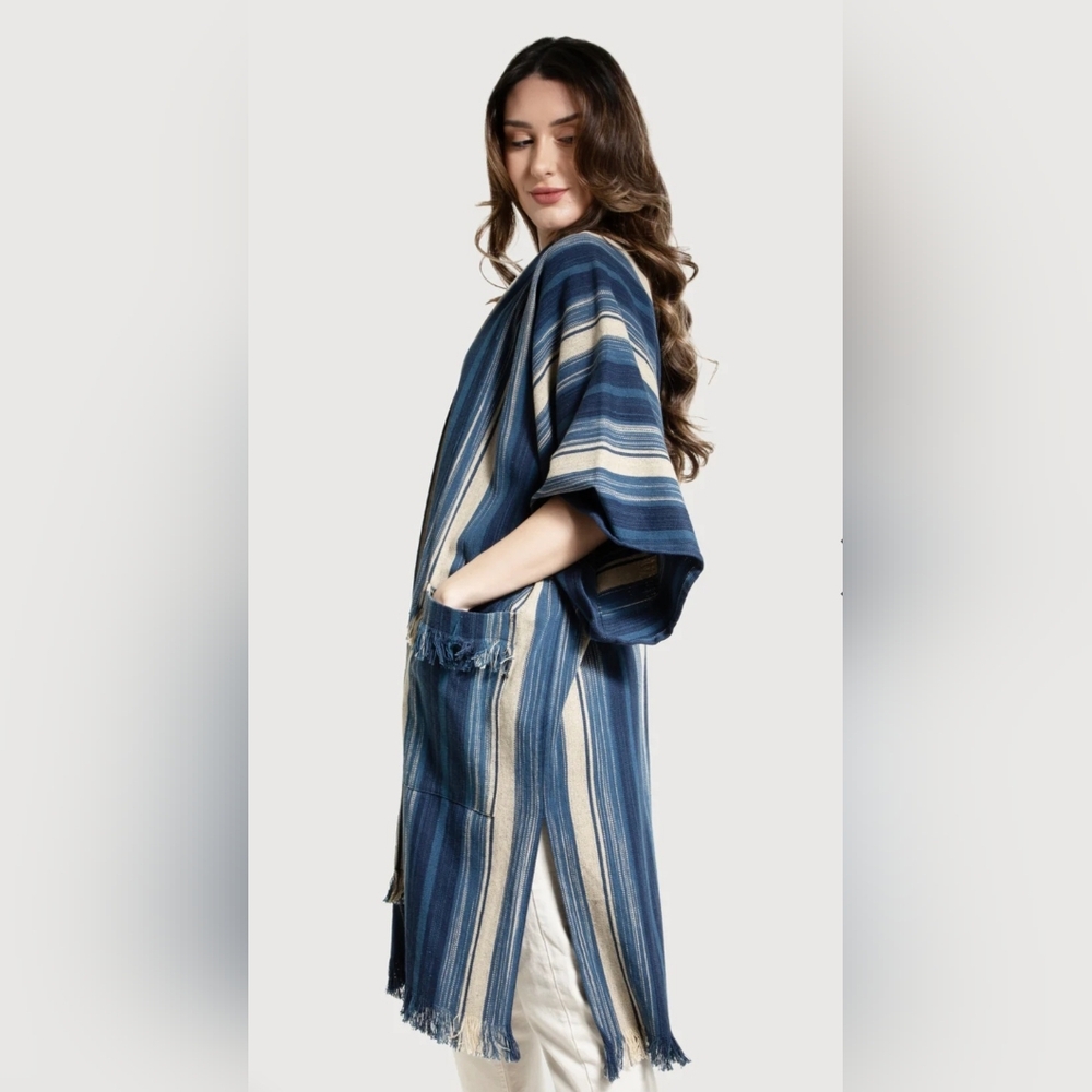 SAACHI Anthro Steel Blue Striped Cotton Fringe Pockets Kimono Cardigan OS